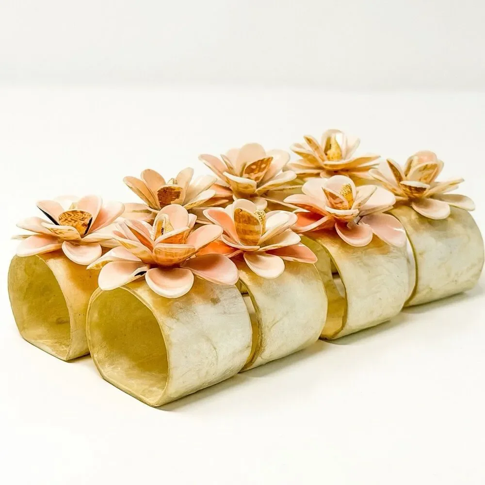 Vintage Capiz Shell Flower Napkin Ring Holders Set 8 Coastal Tropical Decor